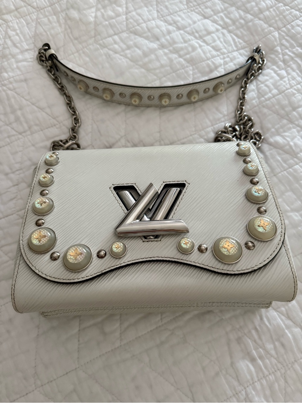 Louis Vuitton White Epi LV Twist Shoulder Bag with Stud Accents